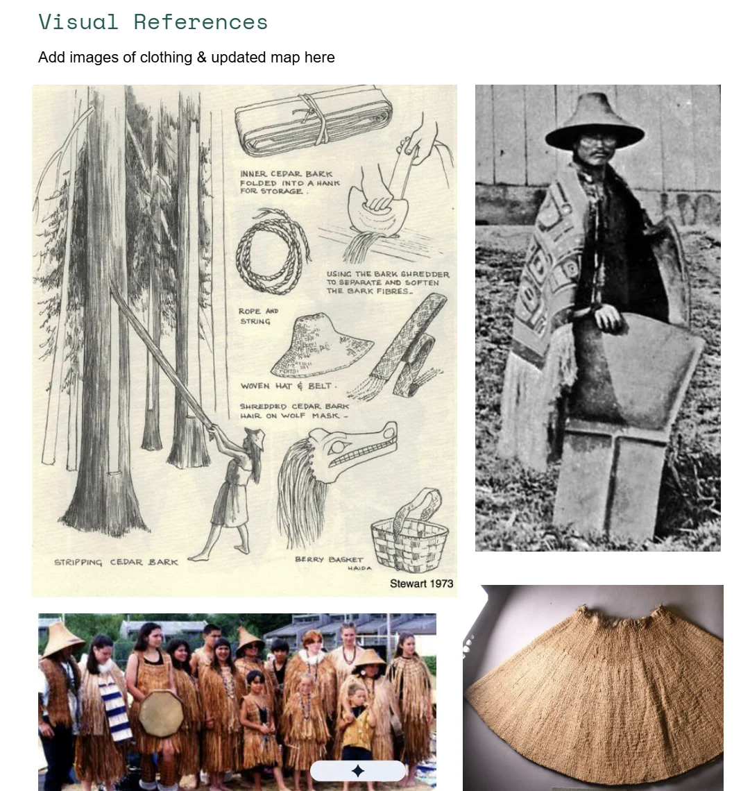 Visual reference board of cedar bark textiles, regalia, and archival photographs